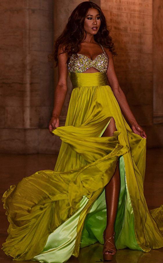 Jovani S05823 Beaded Bust Chiffon High Slit Couture Gown