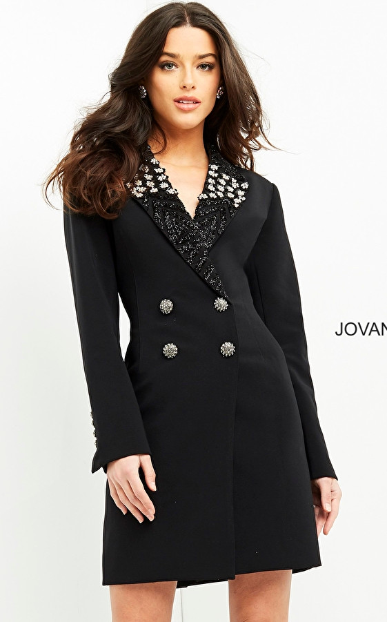 Jovani M03416 Long Sleeves Double Button Blazer Dress
