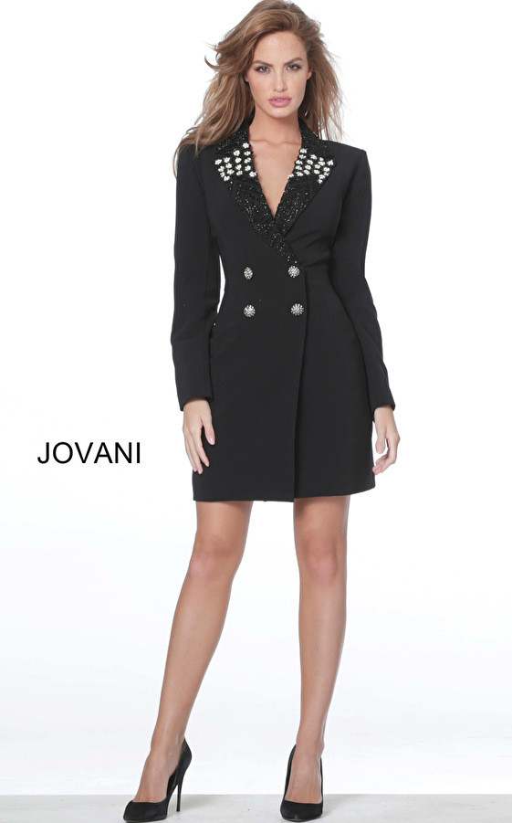 Jovani M03416 Long Sleeves Double Button Blazer Dress