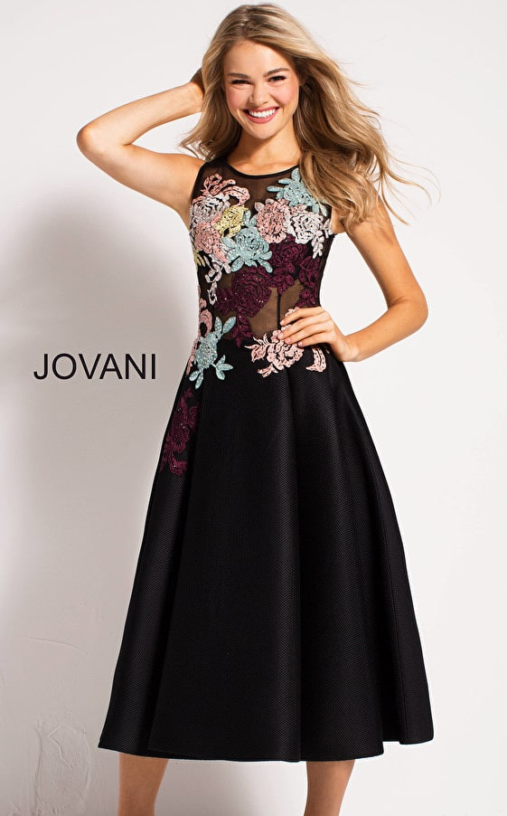 Jovani 23695 Illusion Neck Floral Appliques Sleeveless Dress