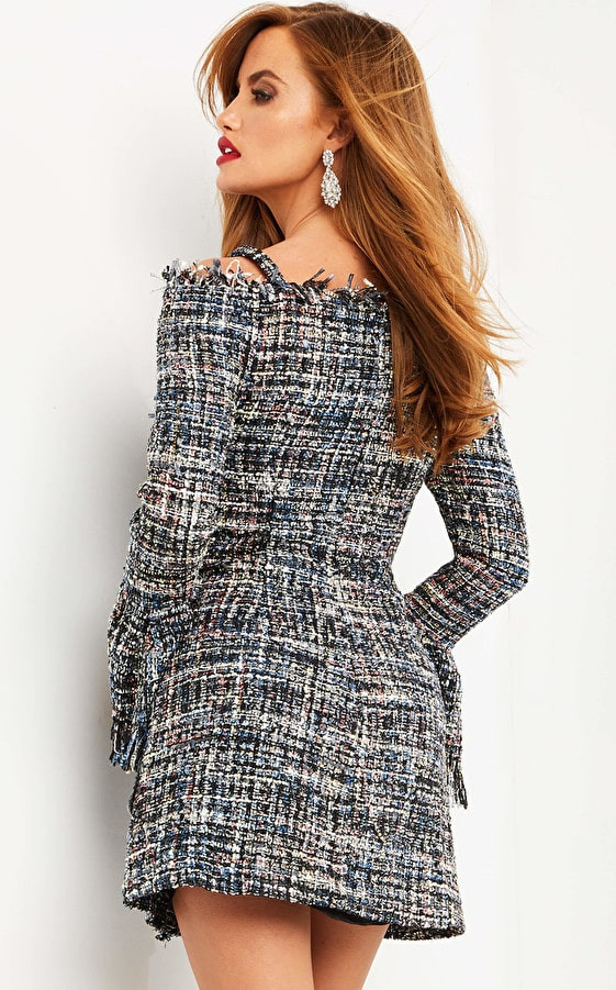Jovani M03273 Off Shoulder Woven Long Sleeve Short Dress