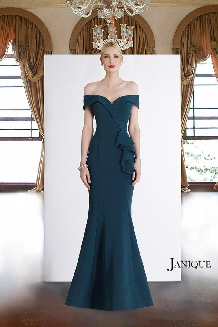 Janique 1936 Off Shoulder Ruffled Accent Mermaid Long Gown