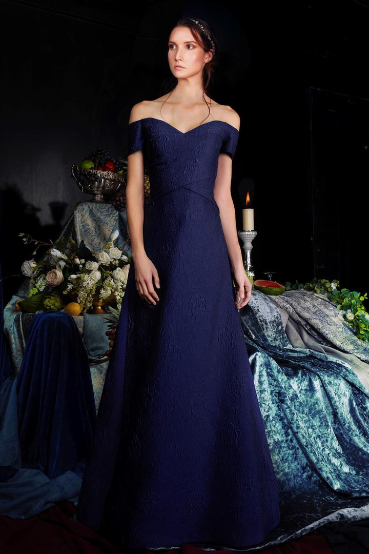 Janique 5621 Off Shoulder Inverted Basque Long A-Line Gown