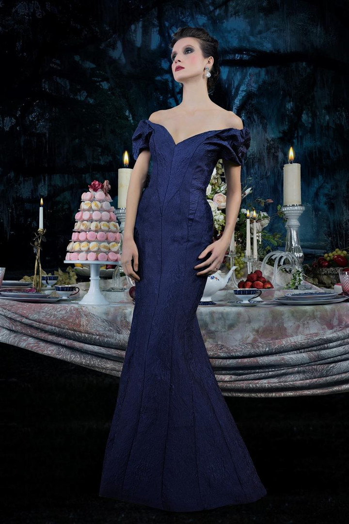 Janique 66721 Wide V-neck Ruched Cap Sleeve Jacquard Gown