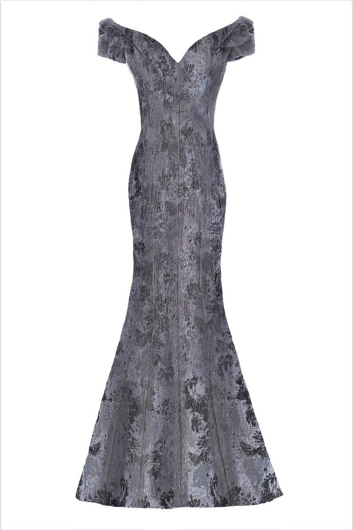 Janique 66721 Wide V-neck Ruched Cap Sleeve Jacquard Gown