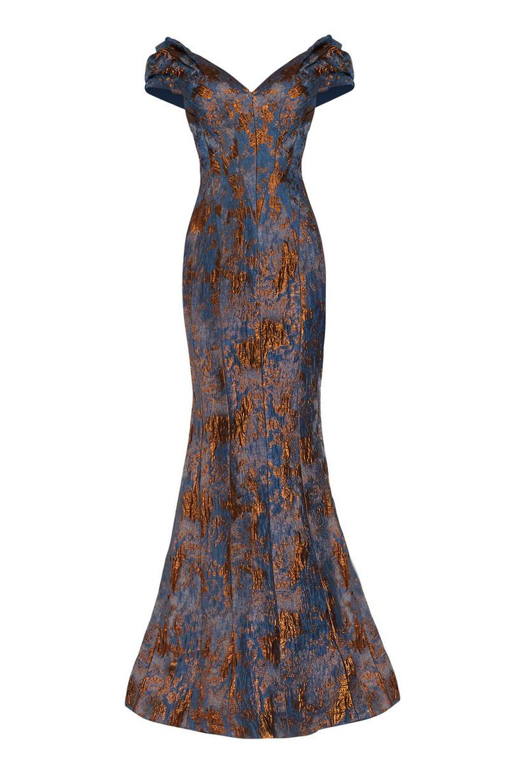 Janique 66721 Wide V-neck Ruched Cap Sleeve Jacquard Gown