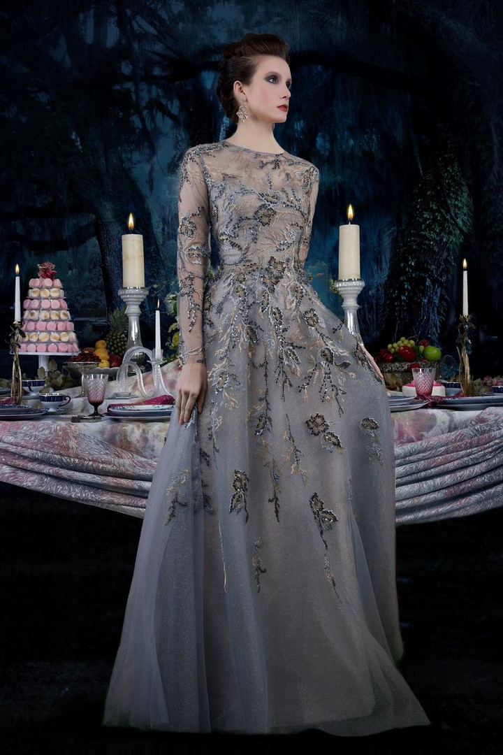 Janique 81122 Long Sleeve Jewel Neck Sheer Evening Dress