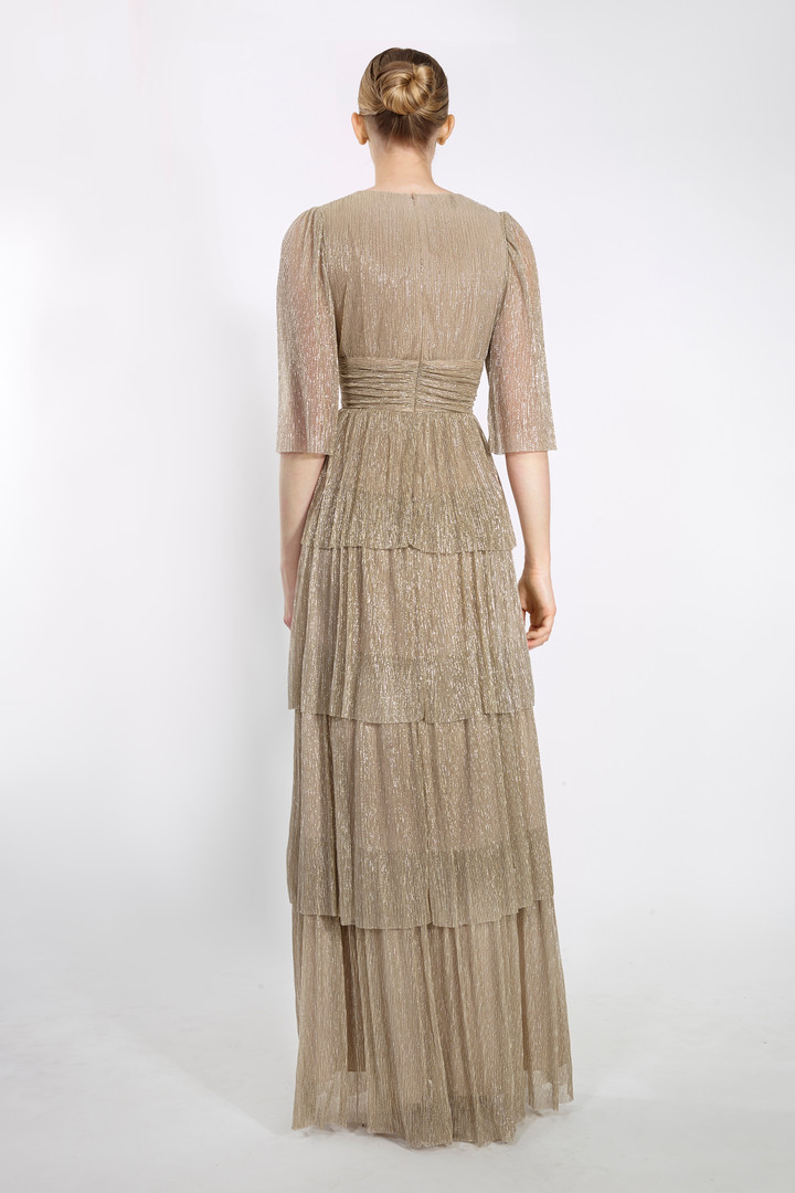 Janique 210722 Quarter Length Sleeve V-neck Sheer Long Dress