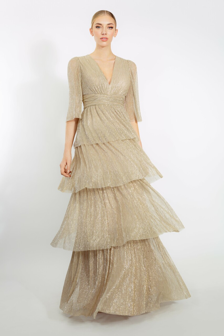 Janique 210722 Quarter Length Sleeve V-neck Sheer Long Dress