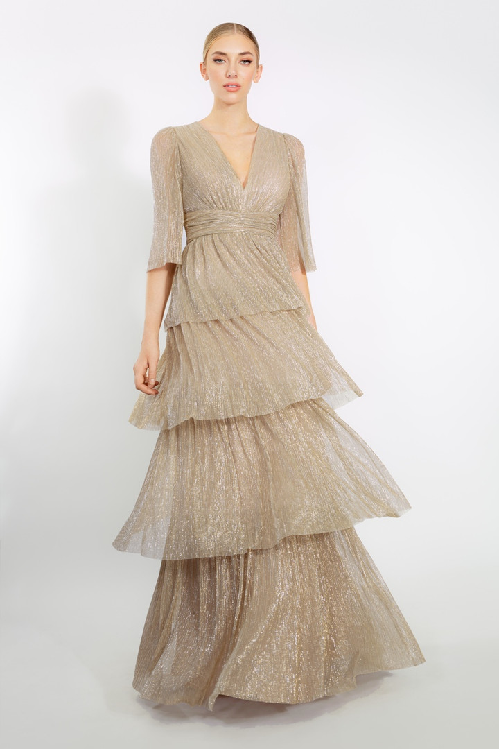 Janique 210722 Quarter Length Sleeve V-neck Sheer Long Dress