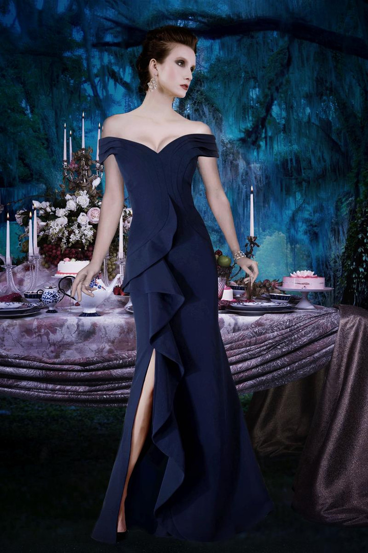 Janique K6876 Off Shoulder Sleeves Ruffle Slit Trumpet Gown