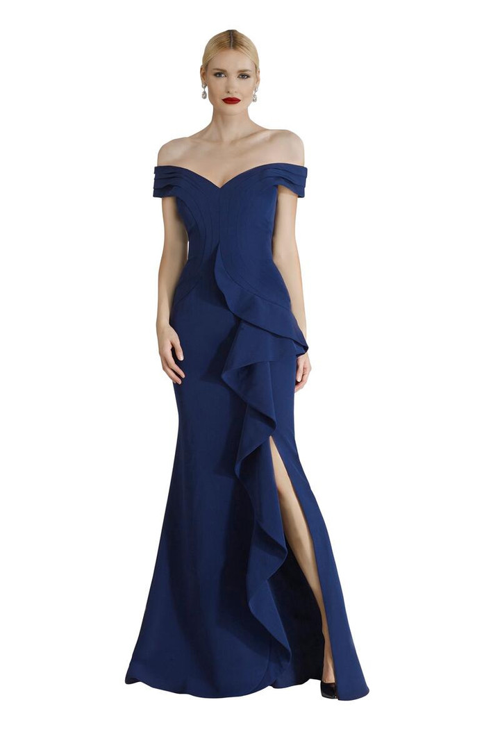 Janique K6876 Off Shoulder Sleeves Ruffle Slit Trumpet Gown