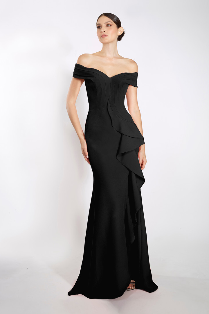 Janique K6876 Off Shoulder Sleeves Ruffle Slit Trumpet Gown