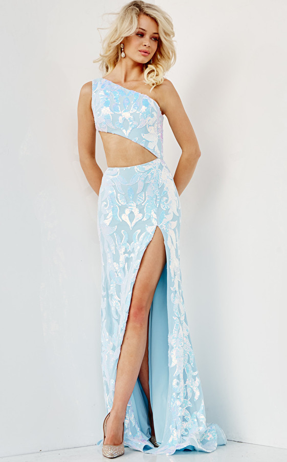 Jovani 22853 Asymmetrical Neck One Shoulder High Slit Dress