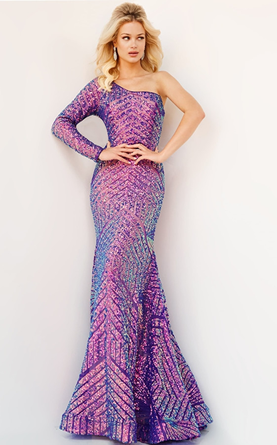 Jovani 24098 One Shoulder Violet Sequin Prom Long Dress