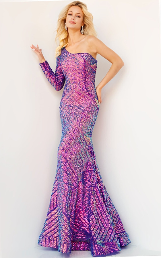 Jovani 24098 One Shoulder Violet Sequin Prom Long Dress