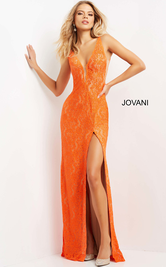 Jovani 08674 V-neck Sleeveless Plunging Neck Lace Prom Dress