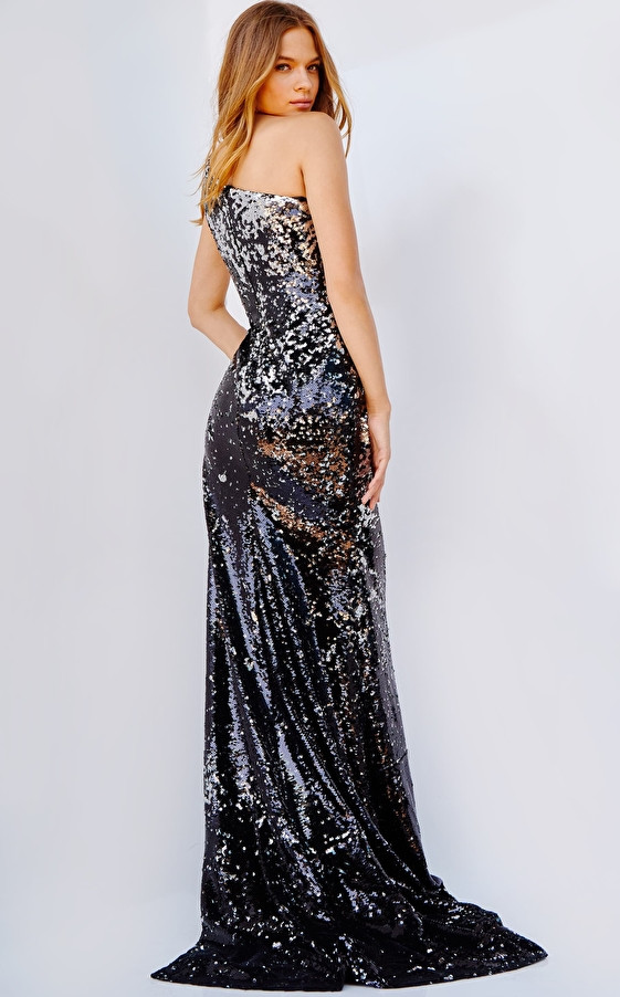 Jovani 09895 Sleeveless One Shoulder Reverse Sequin Dress
