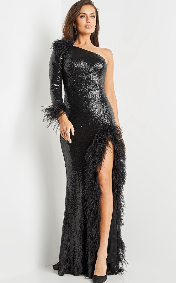 Jovani 22895 One Sleeve Embellished Sequin Feather Dress