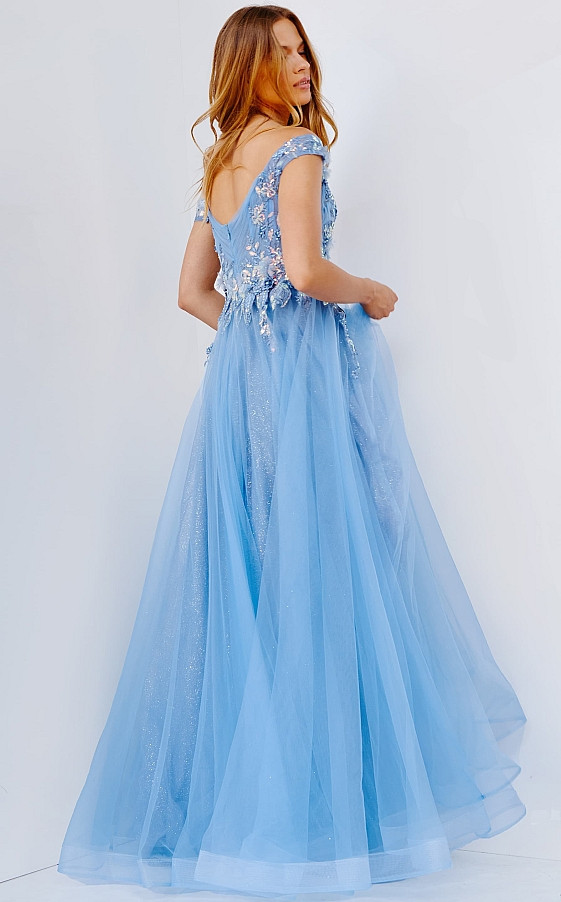 JVN by Jovani JVN23698 Deep V-neck Off Shoulder Tulle Gown