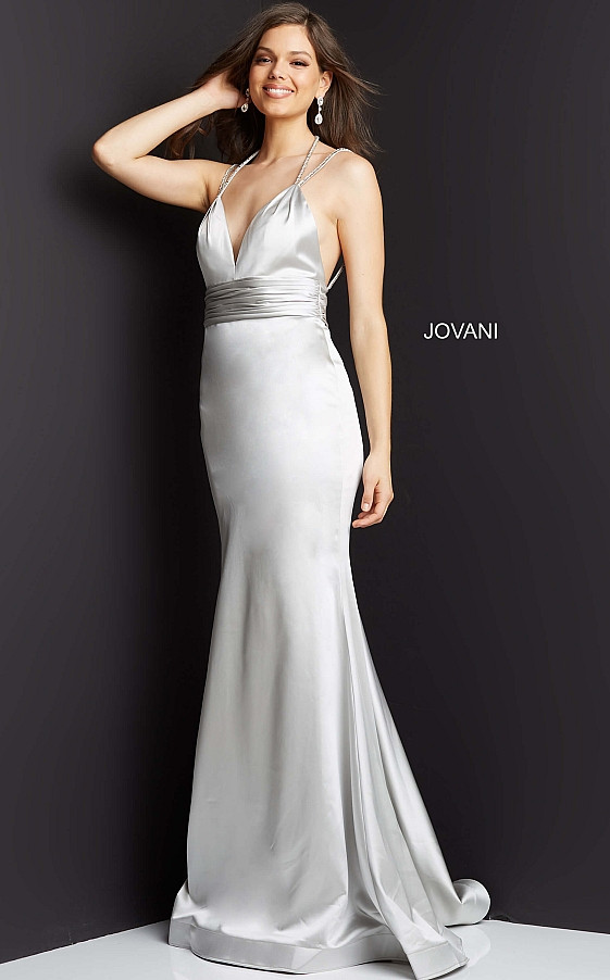 JVN by Jovani JVN3116 Sleeveless V-neck Sheath Satin Dress