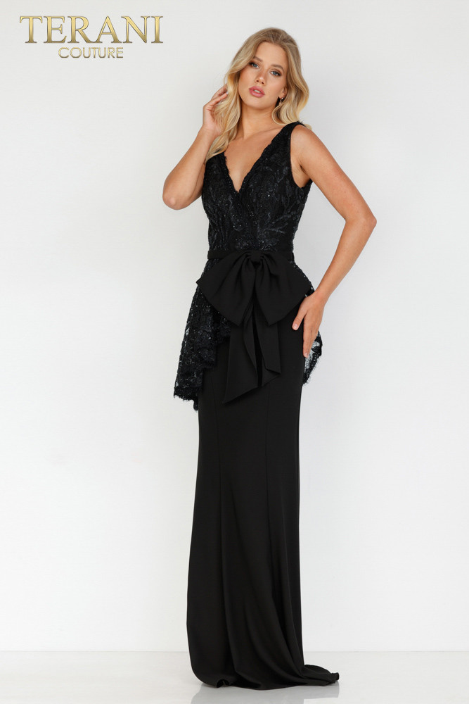Terani Couture 2027E2938 Lace V-neck Peplum Evening Gown