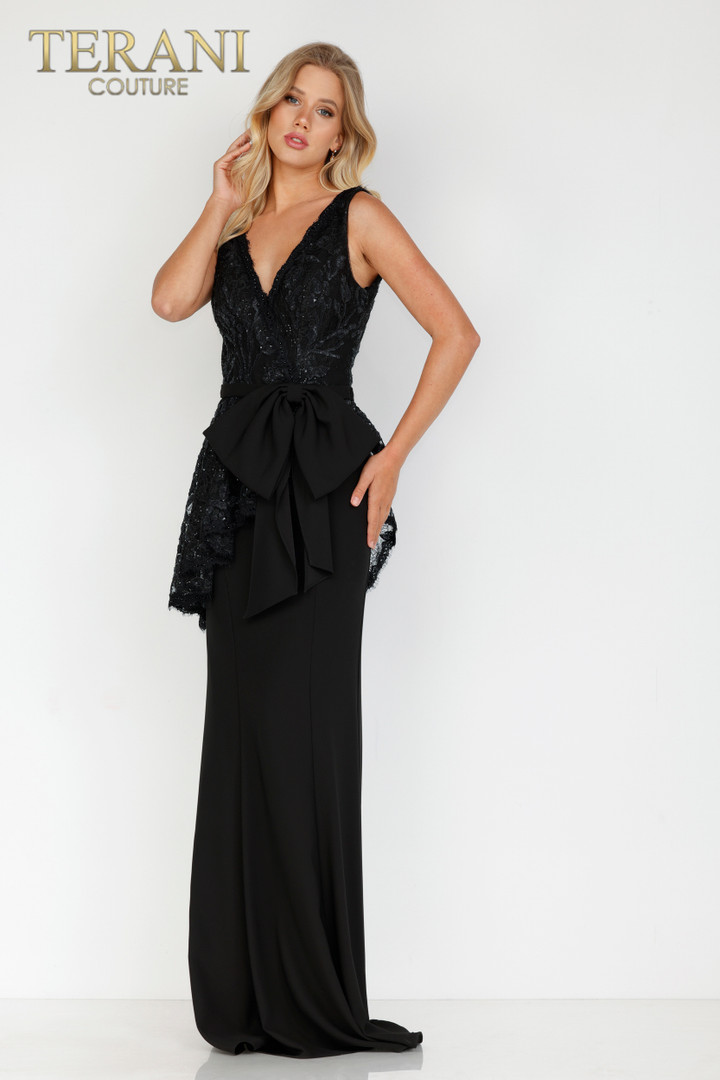 Terani Couture 2027E2938 Lace V-neck Peplum Evening Gown