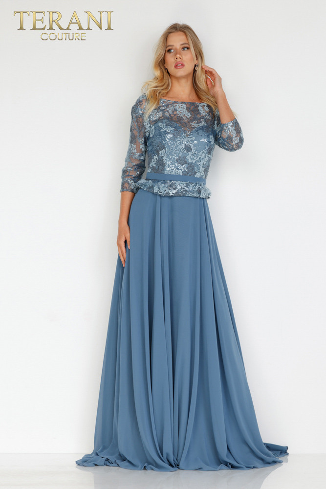 Terani Couture 2027M3086 Bateau Neckline Sheer Sleeve Dress