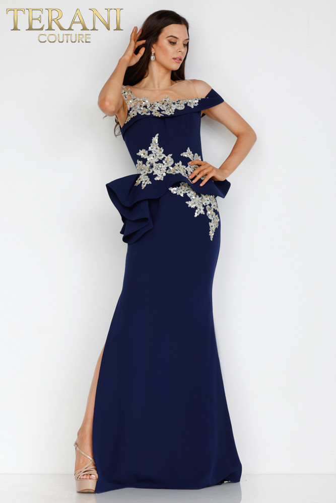 Terani Couture 2111m5260 Illusion Neckline High Slit Dress