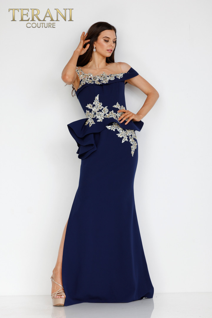 Terani Couture 2111m5260 Illusion Neckline High Slit Dress