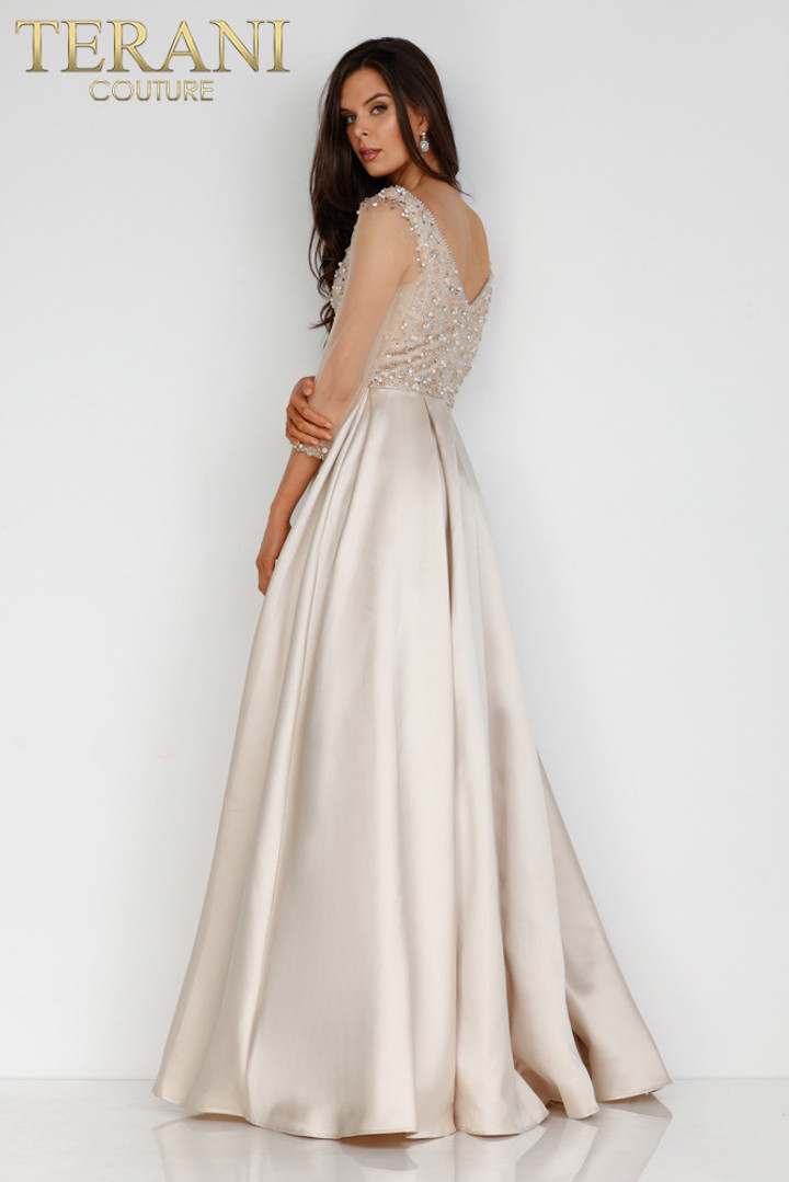 Terani Couture 2211M0120 V-neck Sheer Long Sleeve Long Dress