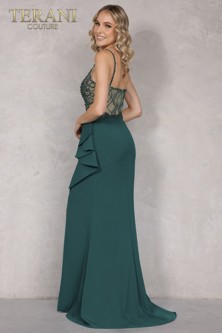 Terani Couture 2221E0352 Emerald Long Crepe Evening Dress