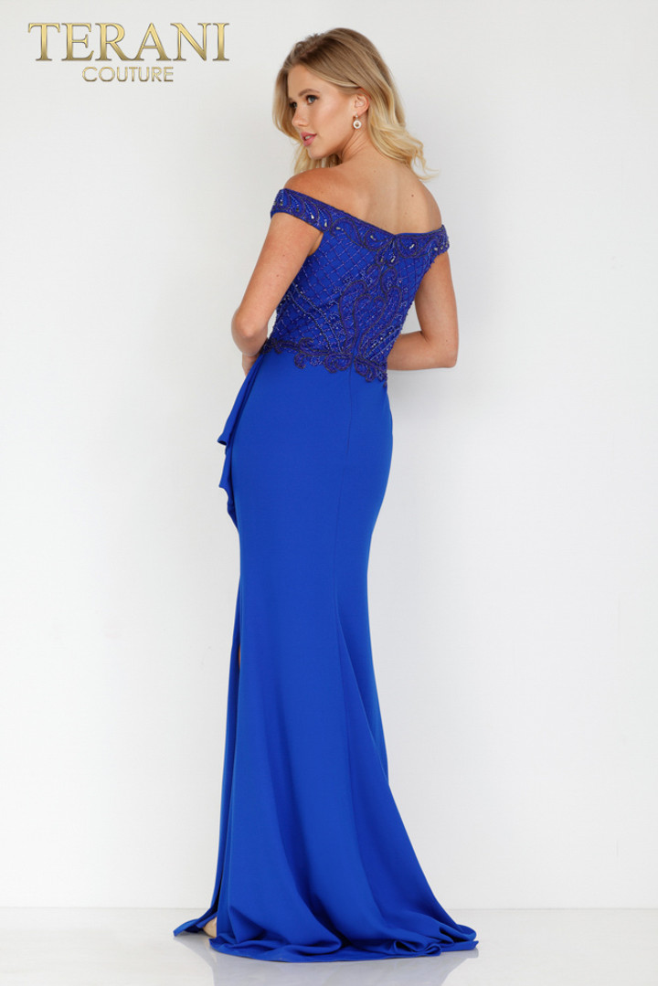 Terani Couture 2221M0381 Off Shoulder Plunging Neck Dress