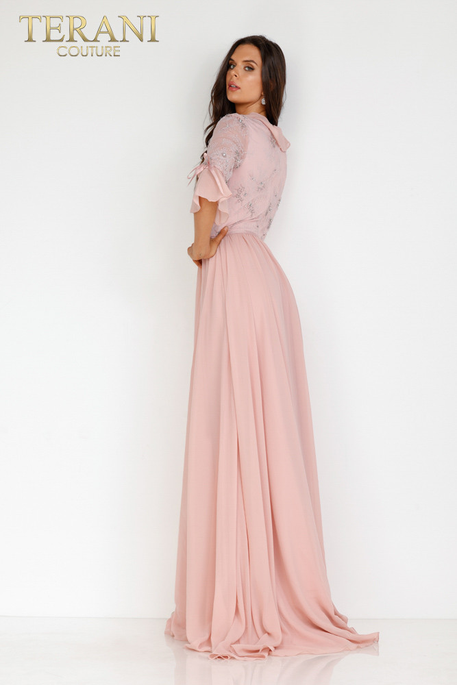 Terani Couture 231M0474 V-neck 3/4 Sleeves Long Dress