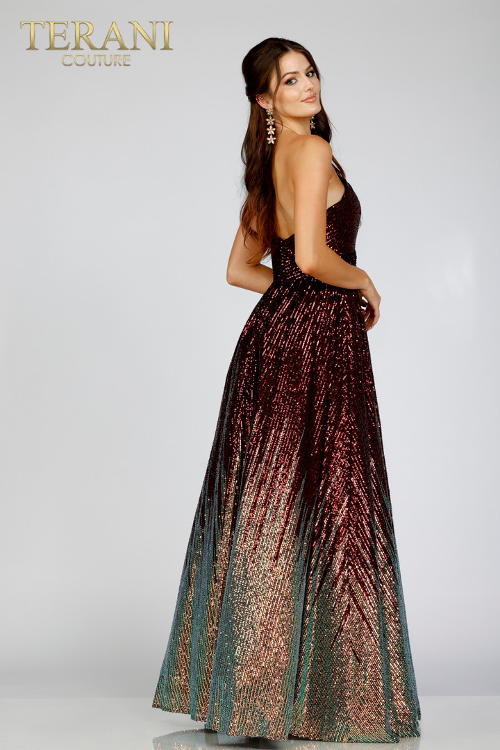 Terani Couture 231P0024 Sequins Low Back One Shoulder Gown