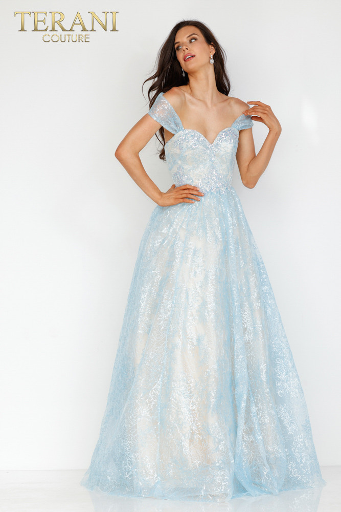 Terani Couture 231P0092 Off-shoulder V-neck Long Dress