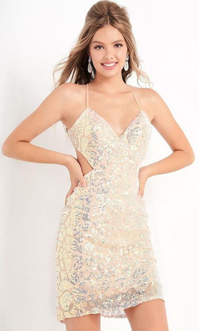 Jovani JVN05740 V Neck Embellished Open Back Dress