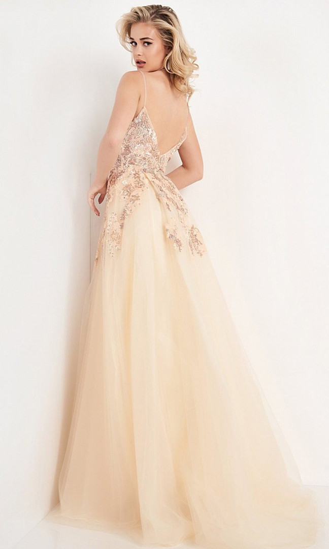 Jovani Prom JVN03014 Floral Appliqued V Neck Gown