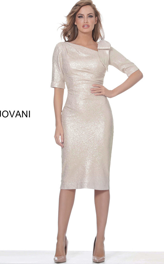 Jovani 03641 Short Sleeves Ruched Waist Knee Length Dress