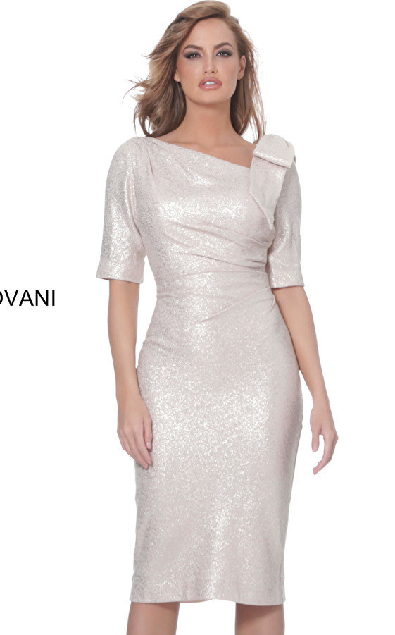 Jovani 03641 Short Sleeves Ruched Waist Knee Length Dress