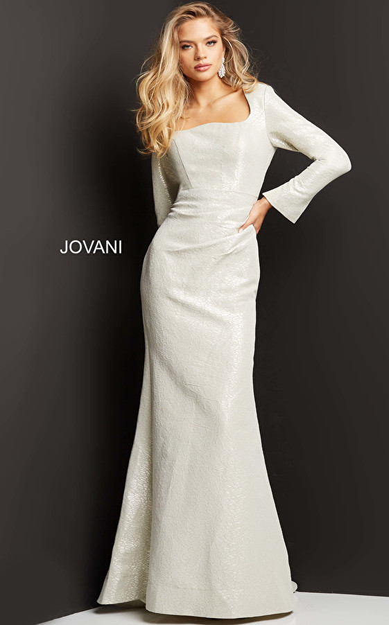 Jovani 06996 Curvy Square Neck Long Sleeve Evening Gown