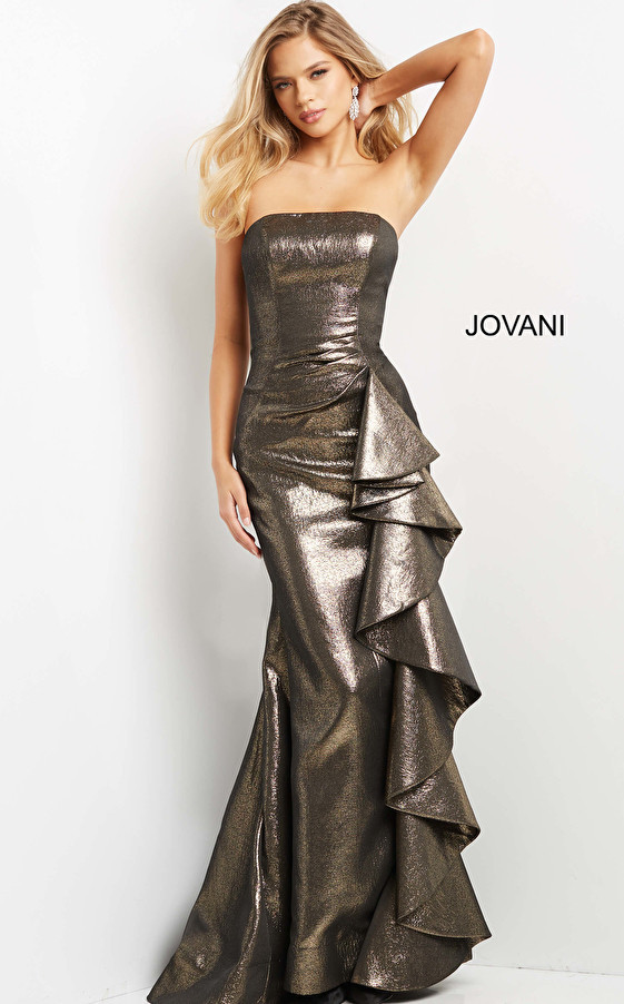 Jovani 07582 Metallic Strapless Ruffled Long Evening Gown