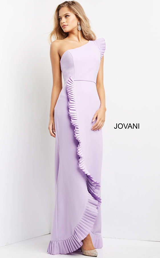 Jovani 08527 One Shoulder Pleated Cap Sleeve Evening Dress