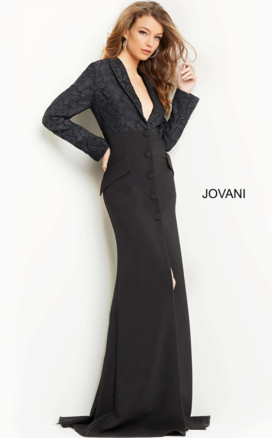 Jovani 07552 Plunging V-Neck Long Sleeve Front Slit Gown