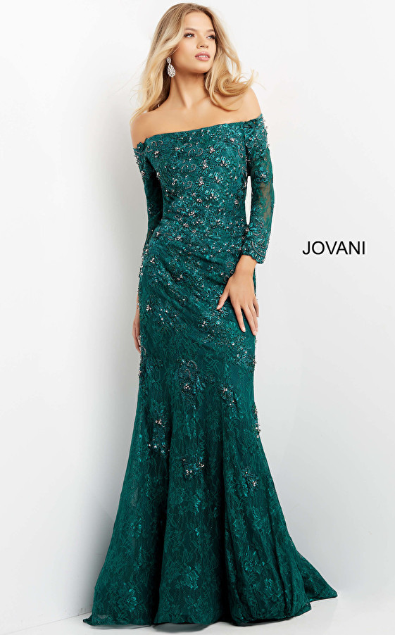 Jovani 03651 Three Quarter Sleeve Embellished Evening Dress