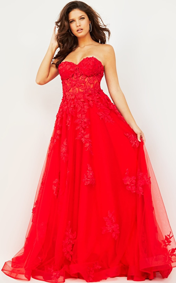 Jovani 07901 Strapless Lace Ornate Sweetheart Long Gown