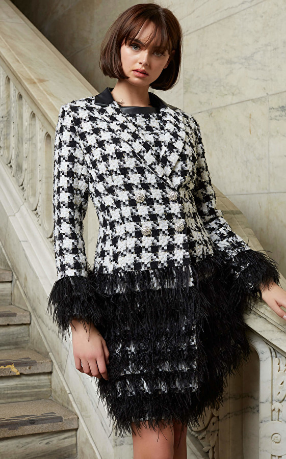 Jovani M1043 Long Sleeves Feather Embellished Blazer Dress