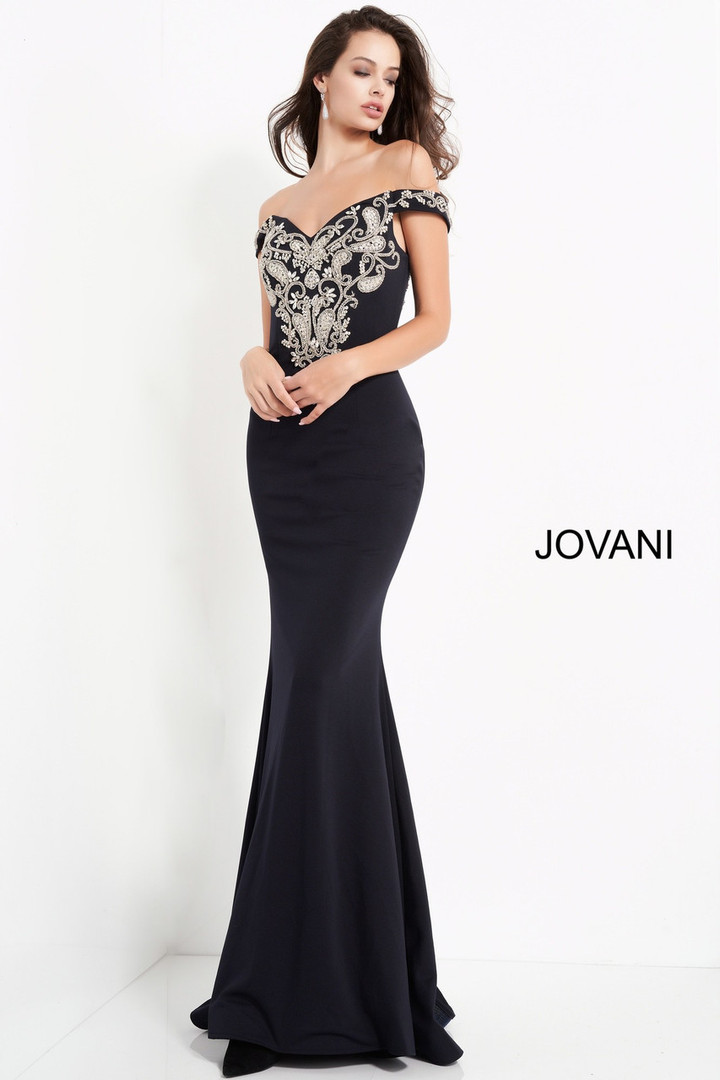 Jovani 02576 Off Shoulder Embroidered Evening Dress
