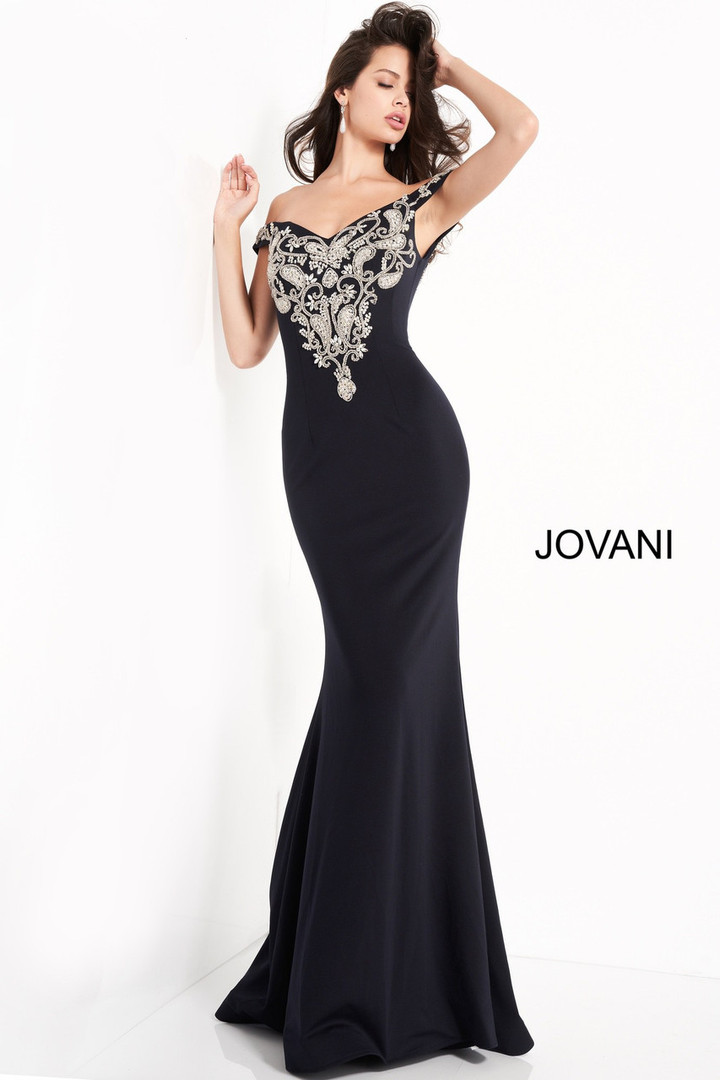 Jovani 02576 Off Shoulder Embroidered Evening Dress