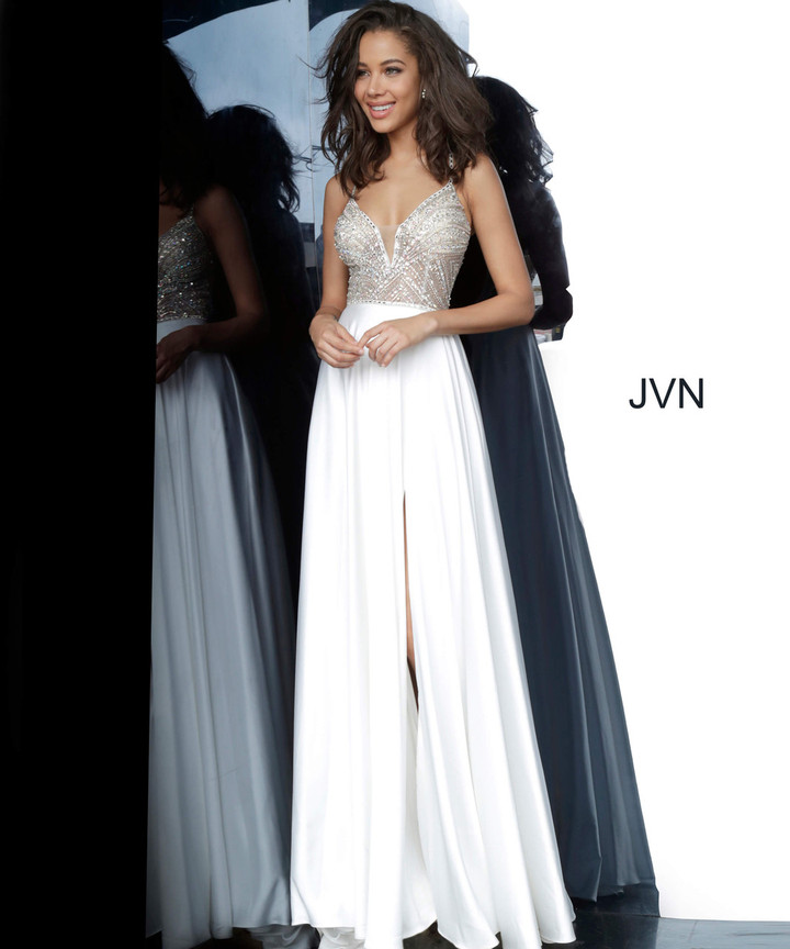 JVN by Jovani JVN4405 Crystal Beaded Illusion High Slit Gown